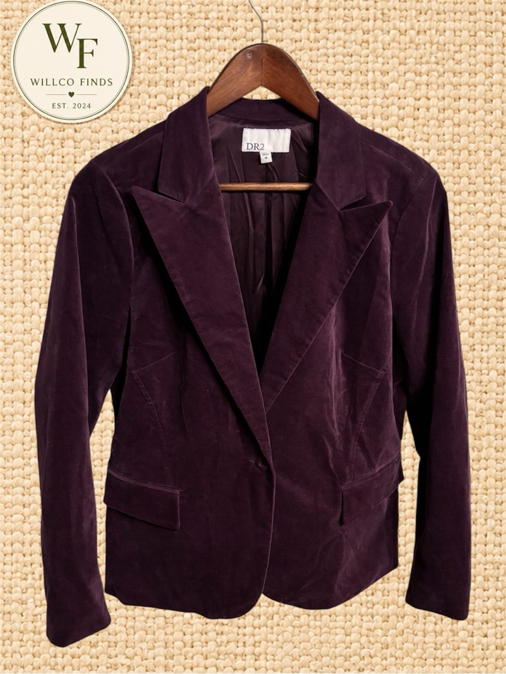 DR2 Women’s Velvet Blazer Size Medium Deep Plum Burgundy Stretch Jacket